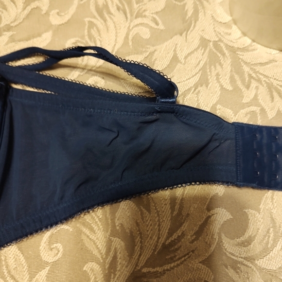 💙 Vtg Victorian Inspired VS Navy Blue Lace & Cream Floral Baclonet Bra - 38DD - Picture 6 of 7